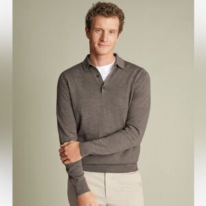 Charles Tyrwhitt Men's XXL Merino Wool Long Sleeve Polo Sweater Mocha Old Money